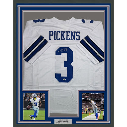 Framed Autographed/Signed George Pickens 35x39 Dallas White Football Jersey JSA COA