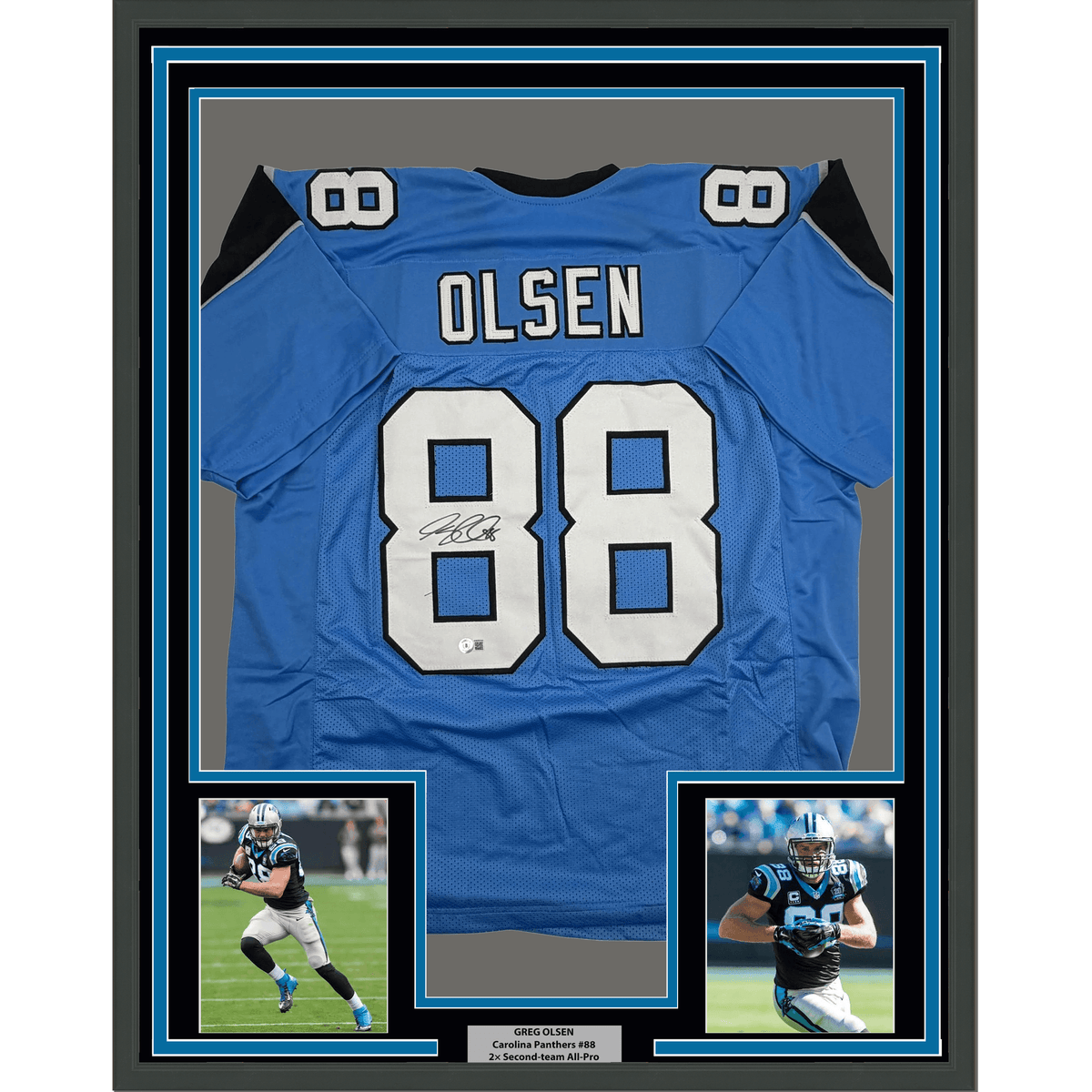 Framed Autographed/Signed Greg Olsen 35x39 Carolina Blue Football Jersey Beckett BAS COA