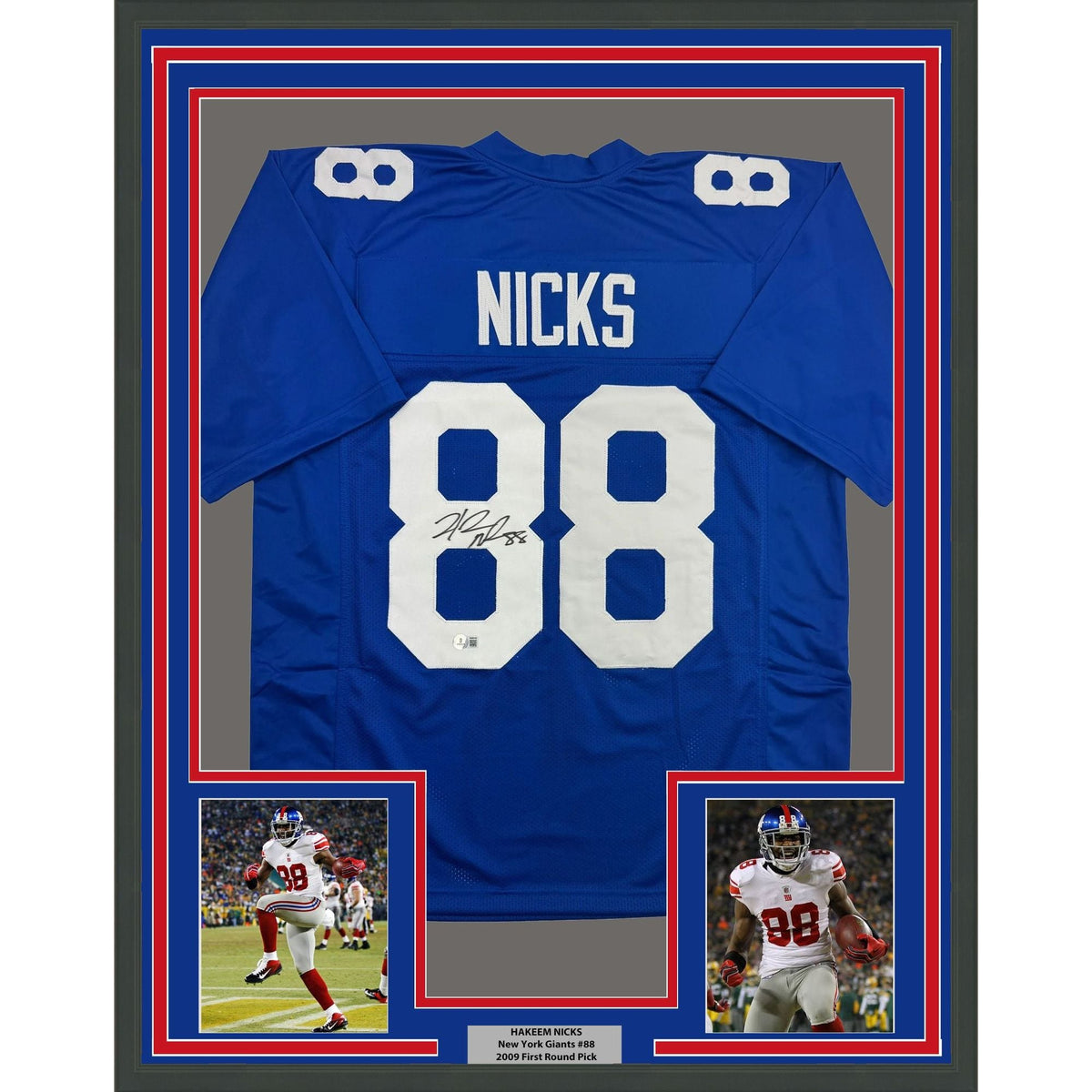 Framed Autographed/Signed Hakeem Nicks 35x39 New York Blue Football Jersey Beckett BAS COA