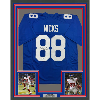 Framed Autographed/Signed Hakeem Nicks 35x39 New York Blue Football Jersey Beckett BAS COA