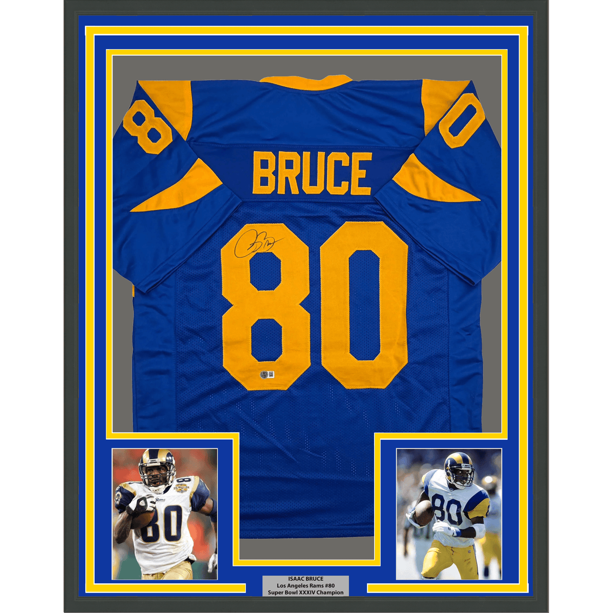 Framed Autographed/Signed Isaac Bruce Los Angeles LA Retro Blue Football Jersey Beckett BAS COA