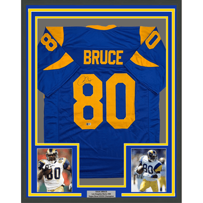 Framed Autographed/Signed Isaac Bruce Los Angeles LA Retro Blue Football Jersey Beckett BAS COA