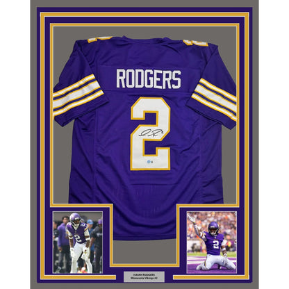 Framed Autographed/Signed Isaiah Rodgers 35x39 Minnesota Purple Retro Football Jersey Beckett BAS COA