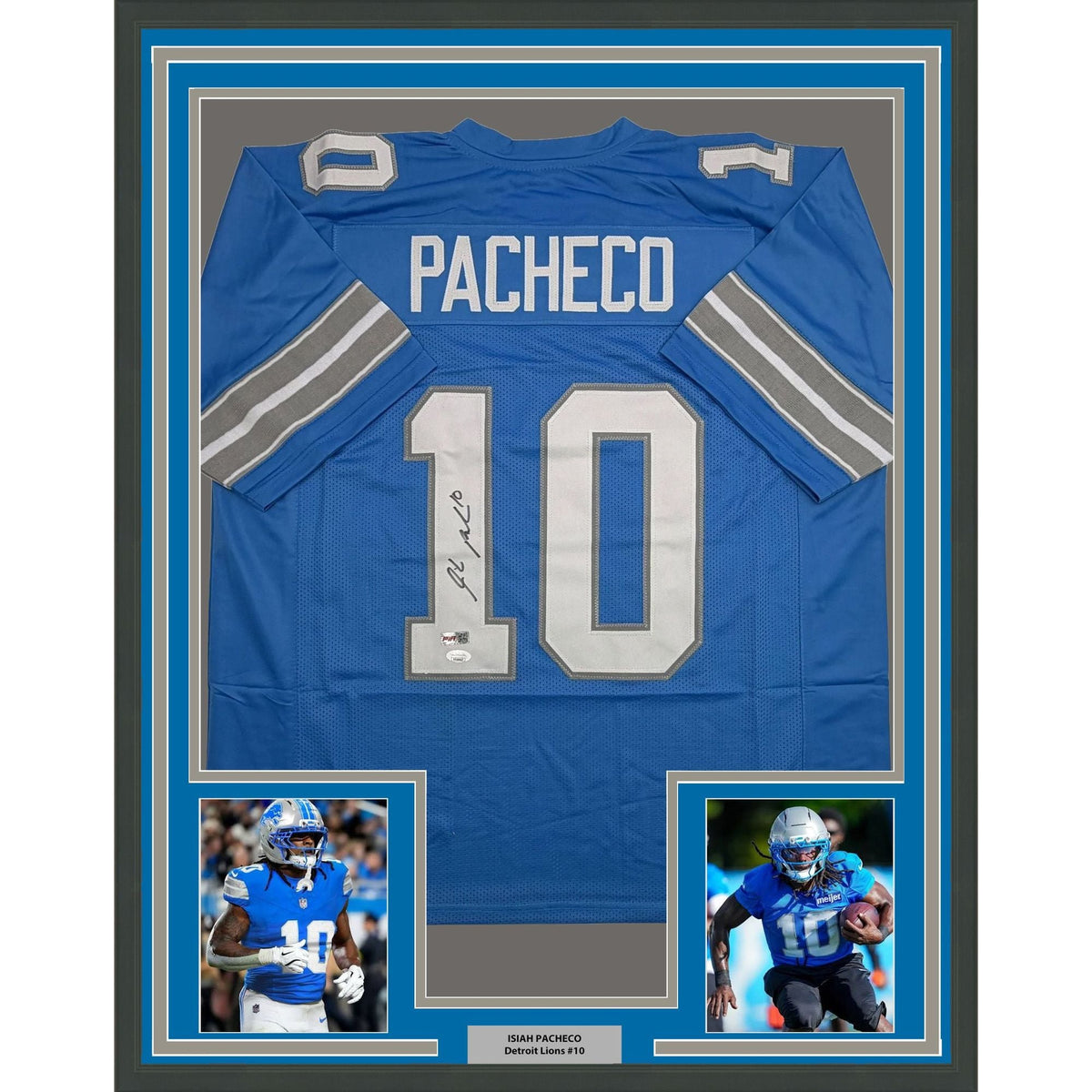 Framed Autographed/Signed Isiah Pacheco 35x39 Detroit Blue Football Jersey JSA COA