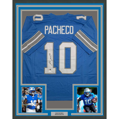 Framed Autographed/Signed Isiah Pacheco 35x39 Detroit Blue Football Jersey JSA COA