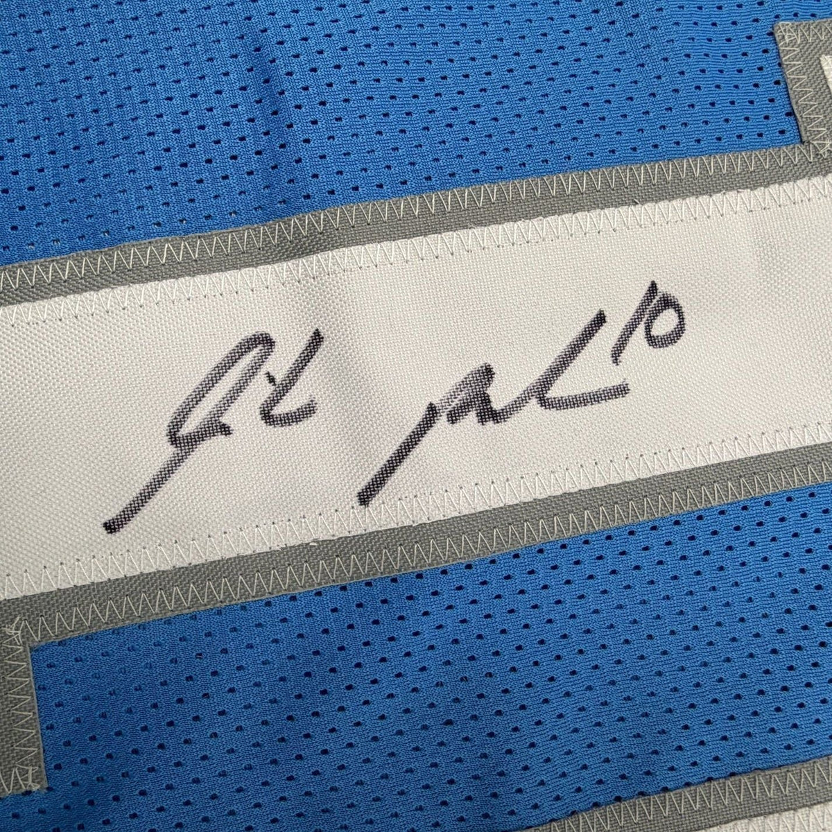 Framed Autographed/Signed Isiah Pacheco 35x39 Detroit Blue Football Jersey JSA COA