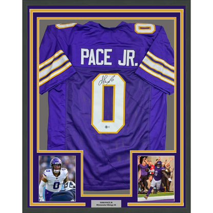 Framed Autographed/Signed Ivan Pace Jr. 35x39 Minnesota Purple Retro Football Jersey Beckett BAS COA