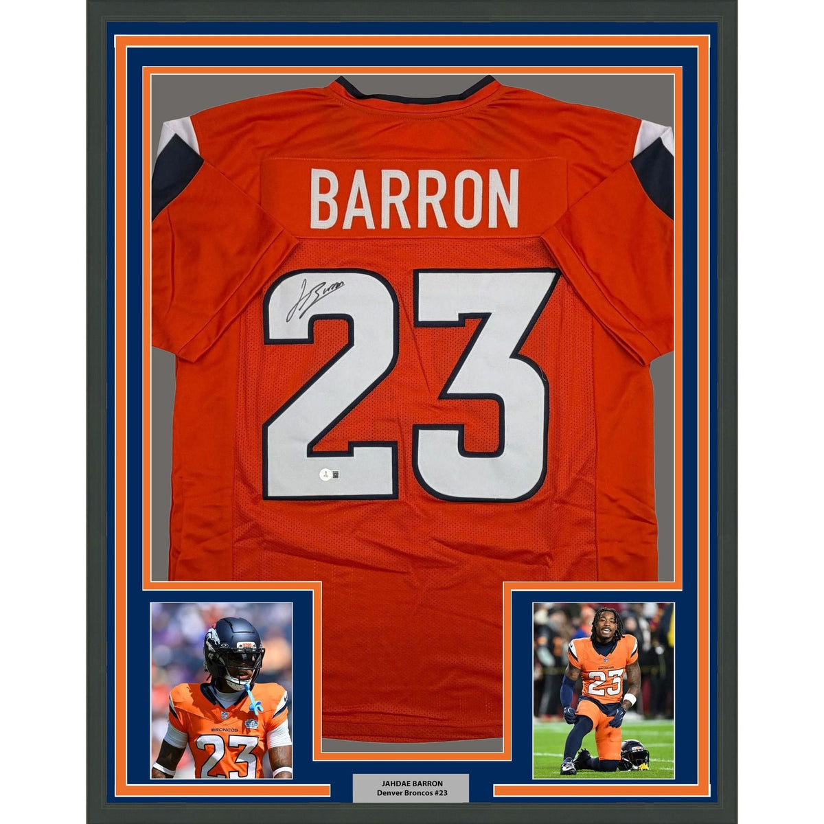 Framed Autographed/Signed Jahdae Barron 35x39 Denver Orange Football Jersey Beckett BAS COA