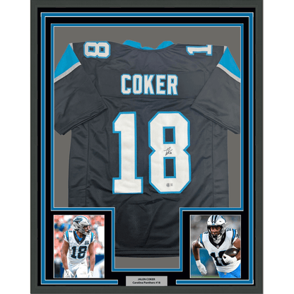 Framed Autographed/Signed Jalen Coker 35x39 Carolina Black Football Jersey Beckett BAS COA