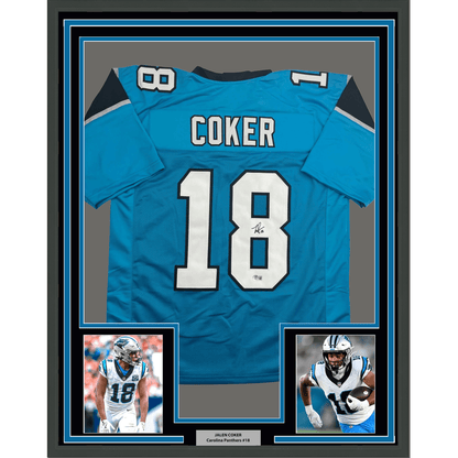Framed Autographed/Signed Jalen Coker 35x39 Carolina Blue Football Jersey Beckett BAS COA