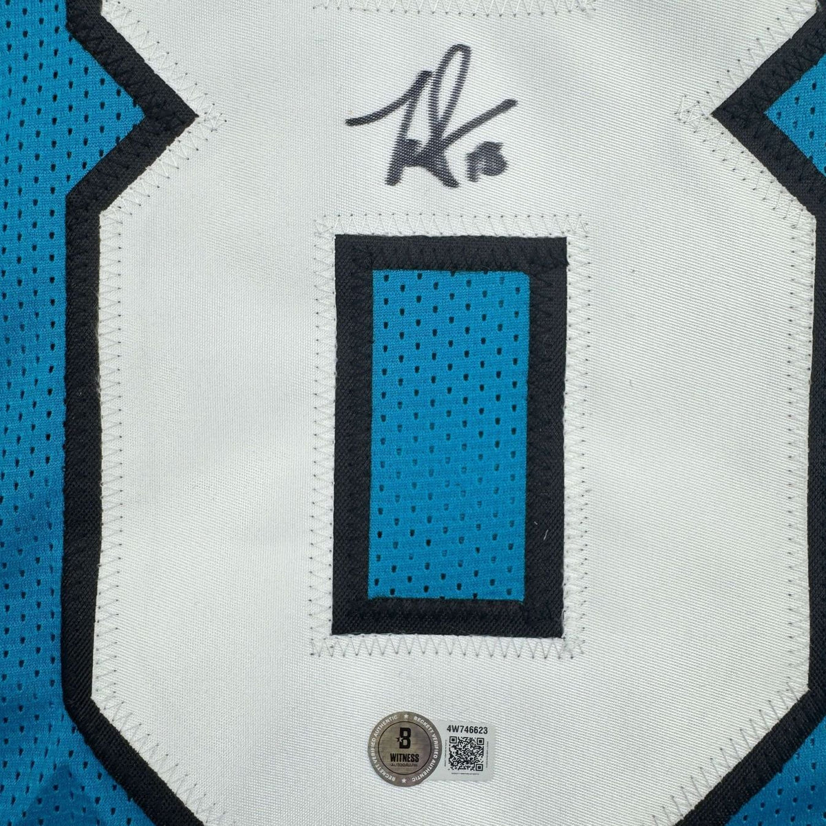 Framed Autographed/Signed Jalen Coker 35x39 Carolina Blue Football Jersey Beckett BAS COA