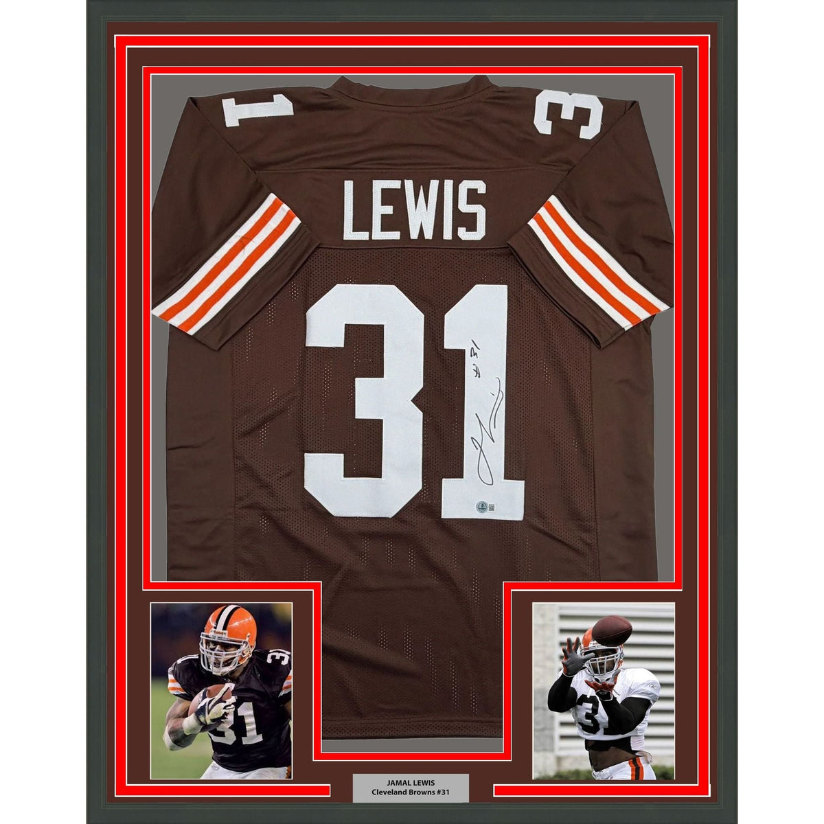 Framed Autographed/Signed Jamal Lewis 35x39 Cleveland Brown Football Jersey Beckett BAS COA