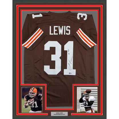 Framed Autographed/Signed Jamal Lewis 35x39 Cleveland Brown Football Jersey Beckett BAS COA
