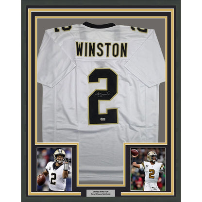 Framed Autographed/Signed Jameis Winston 35x39 New Orleans White Football Jersey Beckett BAS COA