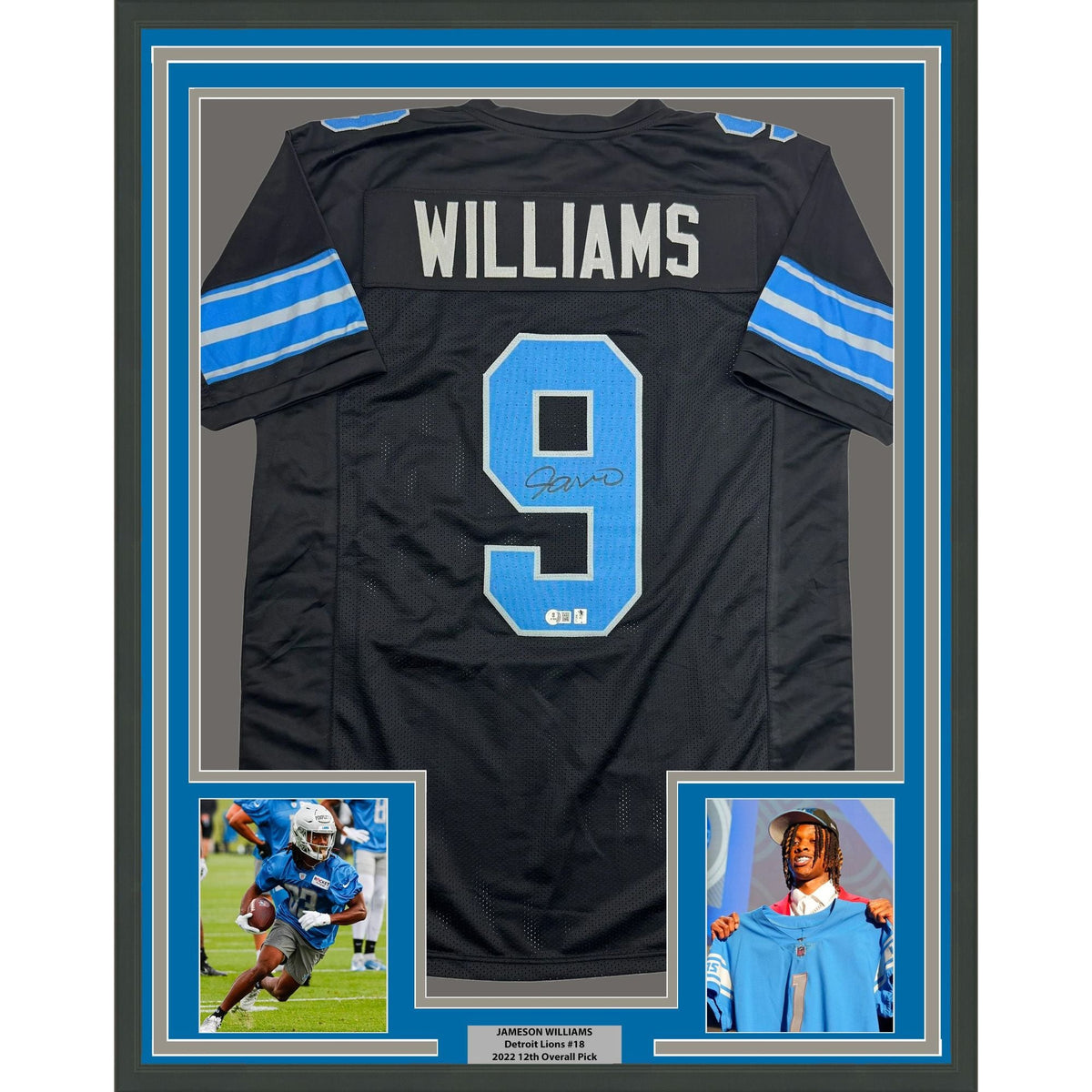 Framed Autographed/Signed Jameson Williams 35x39 Detroit Black Football Jersey Beckett BAS COA