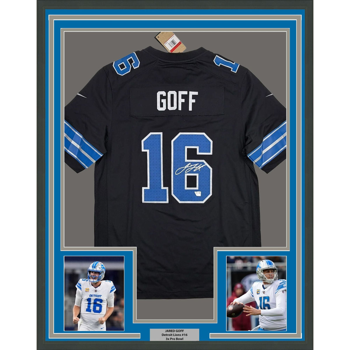 Framed Autographed/Signed Jared Goff 35x39 Detroit Lions Black Authentic Football Jersey Fanatics COA