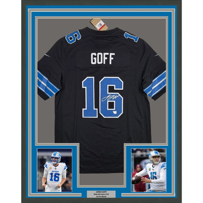 Framed Autographed/Signed Jared Goff 35x39 Detroit Lions Black Authentic Football Jersey Fanatics COA
