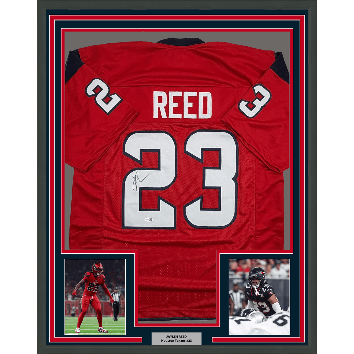 Framed Autographed/Signed Jaylen Reed 35x39 Houston Red Football Jersey JSA COA