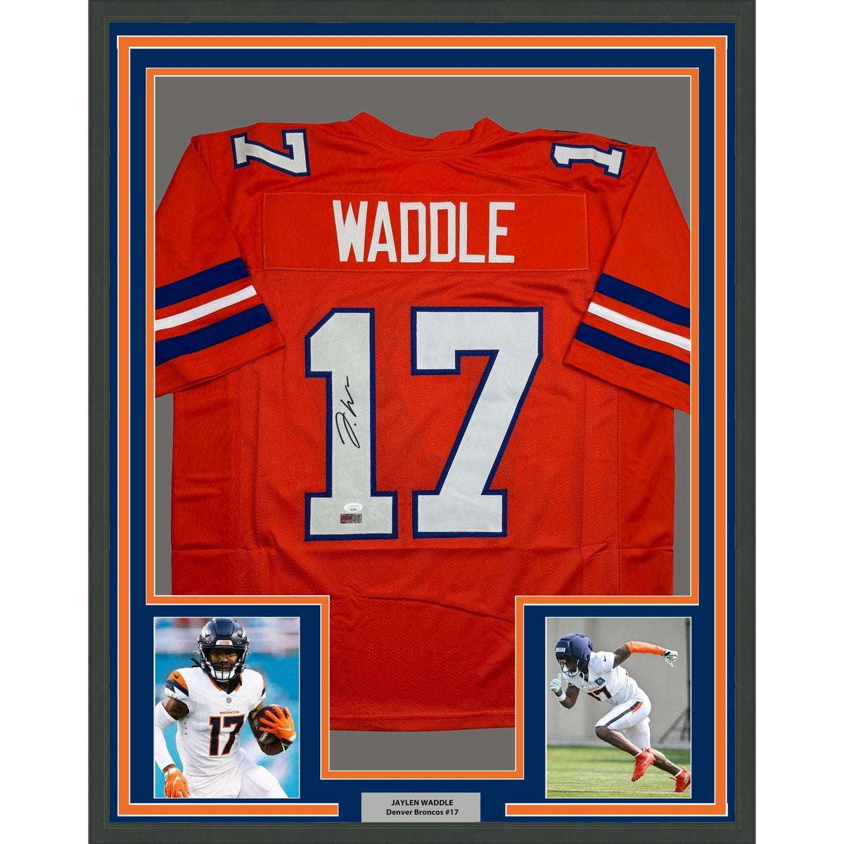 Framed Autographed/Signed Jaylen Waddle 35x39 Denver Retro Orange Football Jersey JSA COA