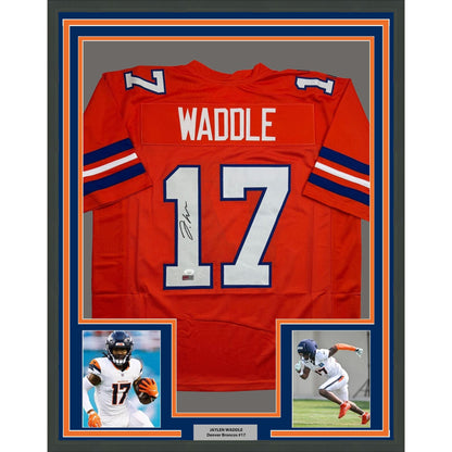 Framed Autographed/Signed Jaylen Waddle 35x39 Denver Retro Orange Football Jersey JSA COA