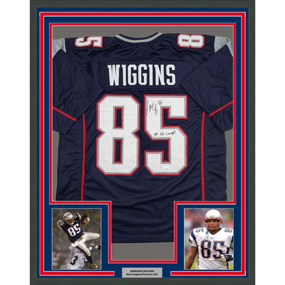 Framed Autographed/Signed Jermaine Wiggins SB 36 Champs 35x39 New England Blue Football Jersey JSA COA
