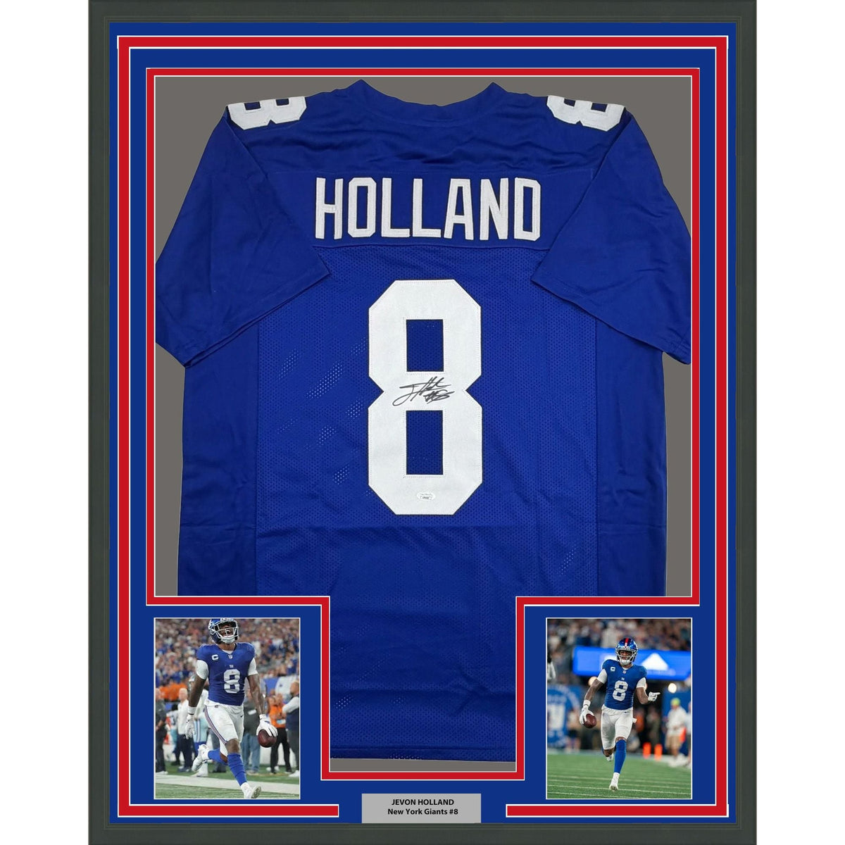 Framed Autographed/Signed Jevon Holland 35x39 New York Blue Football Jersey JSA COA