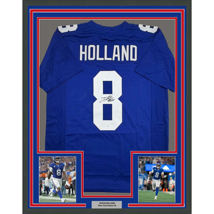 Framed Autographed/Signed Jevon Holland 35x39 New York Blue Football Jersey JSA COA