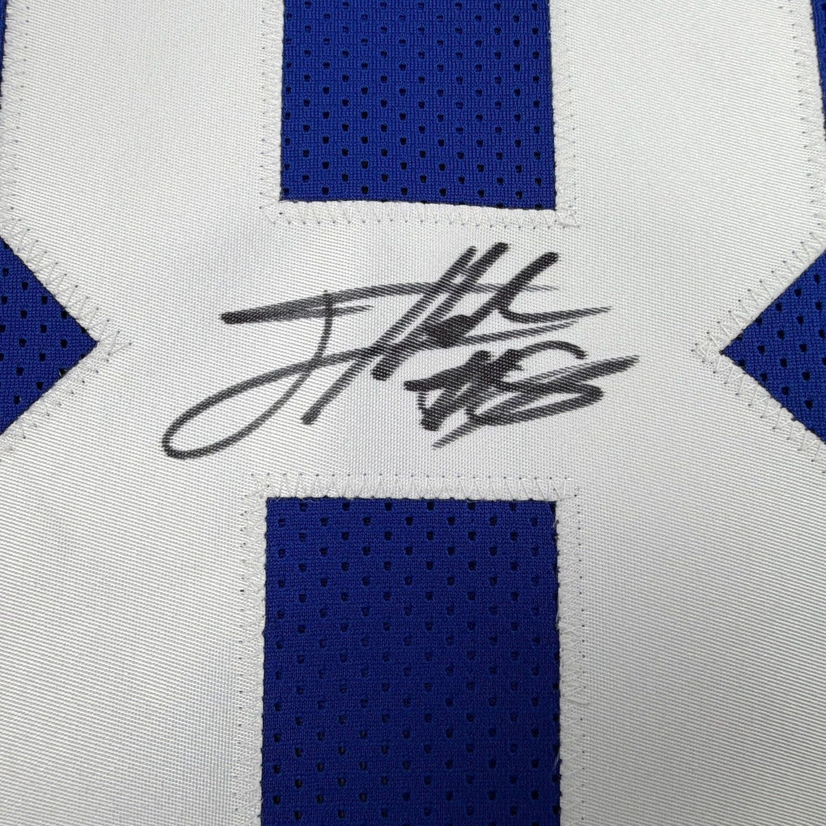 Framed Autographed/Signed Jevon Holland 35x39 New York Blue Football Jersey JSA COA