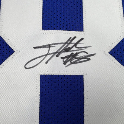 Framed Autographed/Signed Jevon Holland 35x39 New York Blue Football Jersey JSA COA
