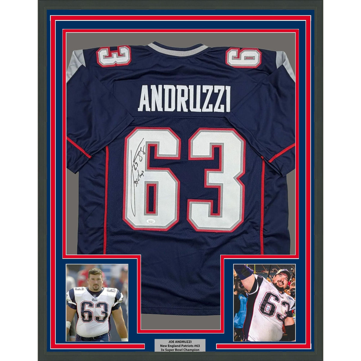 Framed Autographed/Signed Joe Andruzzi 35x39 New England Navy Blue Football Jersey JSA COA