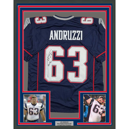 Framed Autographed/Signed Joe Andruzzi 35x39 New England Navy Blue Football Jersey JSA COA