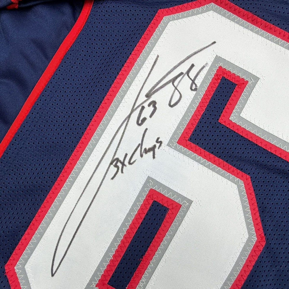Framed Autographed/Signed Joe Andruzzi 35x39 New England Navy Blue Football Jersey JSA COA
