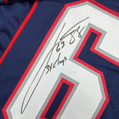 Framed Autographed/Signed Joe Andruzzi 35x39 New England Navy Blue Football Jersey JSA COA