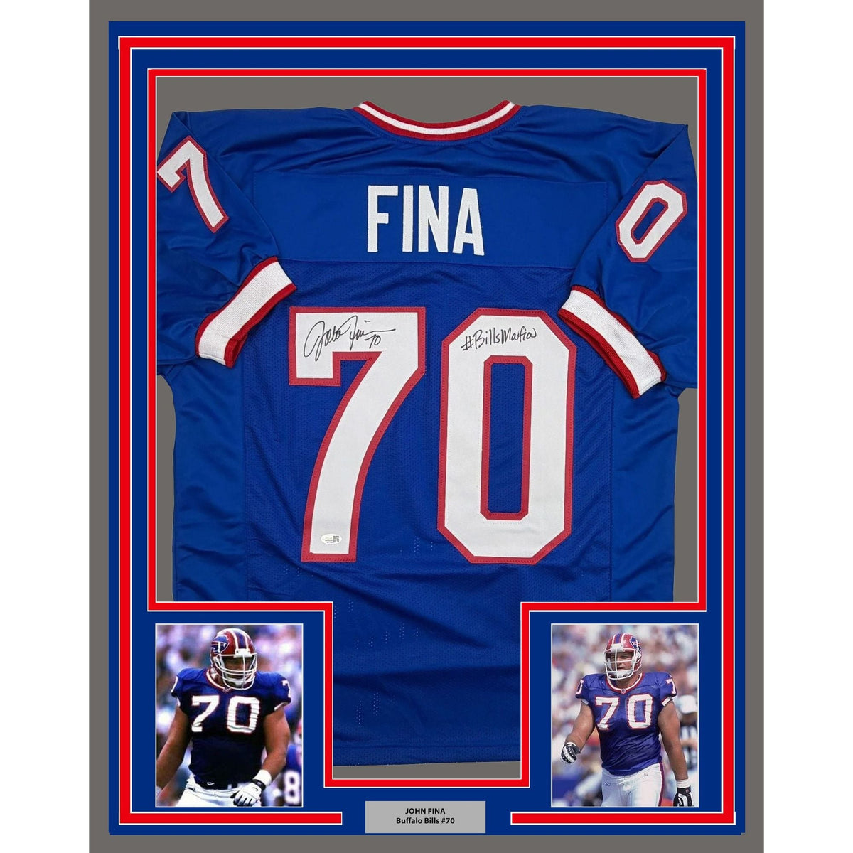 Framed Autographed/Signed John Fina 35x39 Buffalo Blue Football Jersey JSA COA