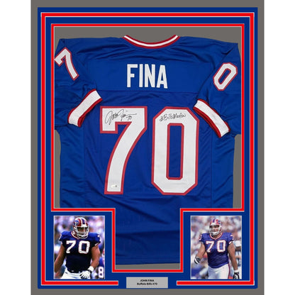 Framed Autographed/Signed John Fina 35x39 Buffalo Blue Football Jersey JSA COA