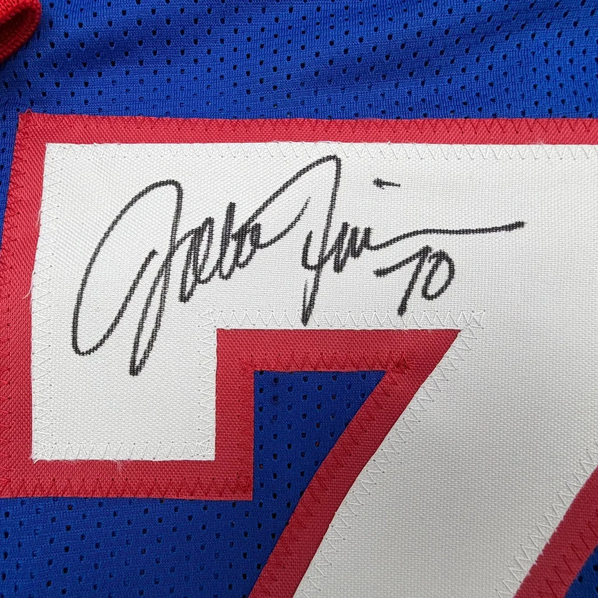 Framed Autographed/Signed John Fina 35x39 Buffalo Blue Football Jersey JSA COA