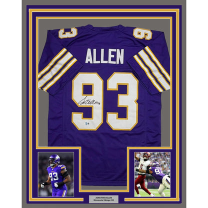 Framed Autographed/Signed Jonathan Allen 35x39 Minnesota Purple Retro Football Jersey Beckett BAS COA