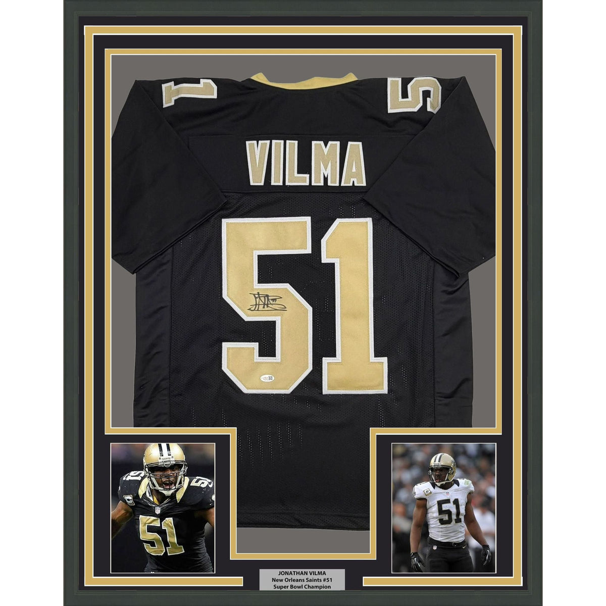 Framed Autographed/Signed Jonathan Vilma 35x39 New Orleans Black Football Jersey JSA COA