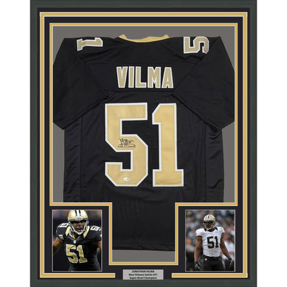 Framed Autographed/Signed Jonathan Vilma 35x39 New Orleans Black Football Jersey JSA COA