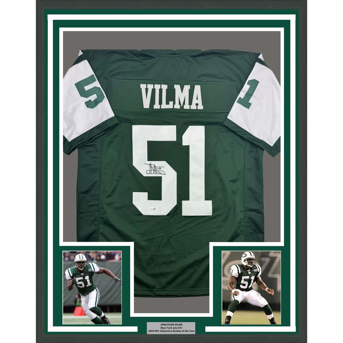 Framed Autographed/Signed Jonathan Vilma 35x39 New York Green Football Jersey JSA COA