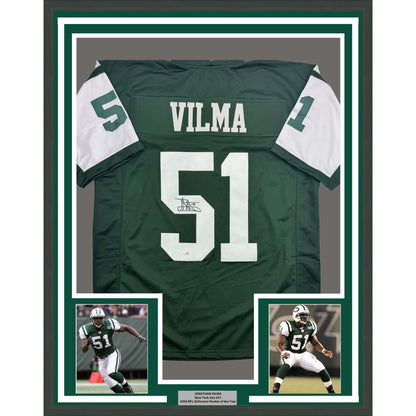 Framed Autographed/Signed Jonathan Vilma 35x39 New York Green Football Jersey JSA COA