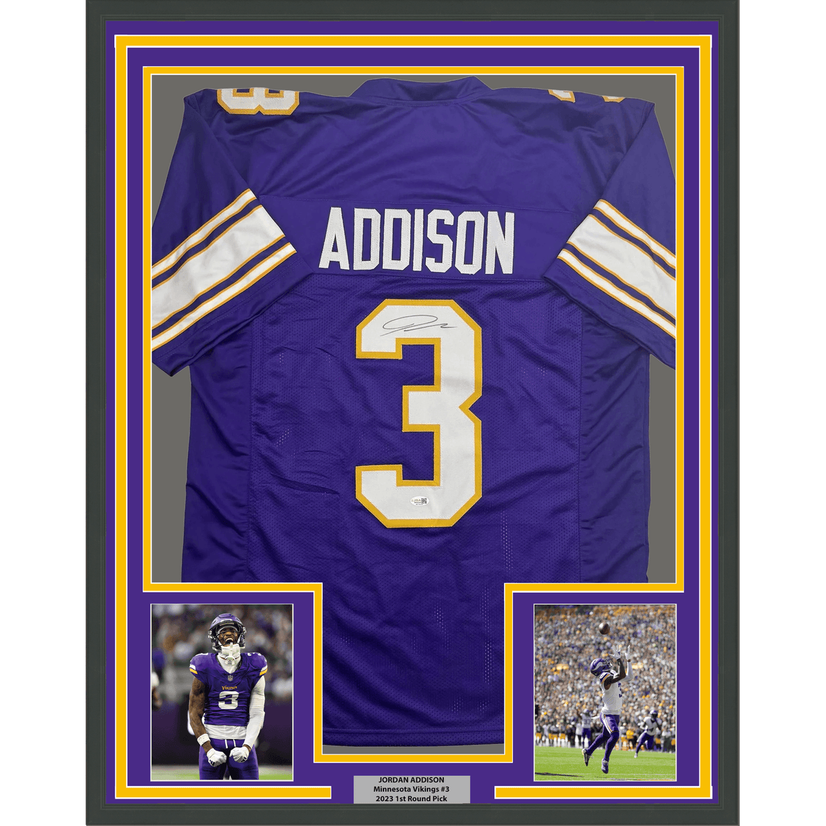 Framed Autographed/Signed Jordan Addison 35x39 Minnesota Purple Alternate Football Jersey JSA COA