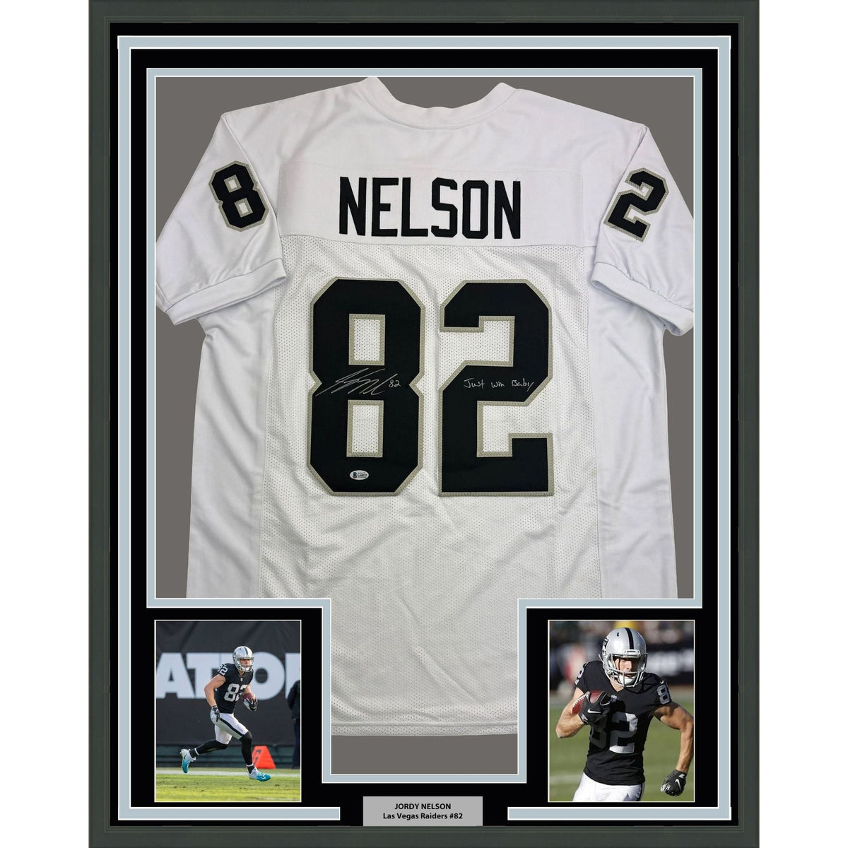 Framed Autographed/Signed Jordy Nelson 35x39 Oakland Las Vegas White Football Jersey Beckett BAS COA