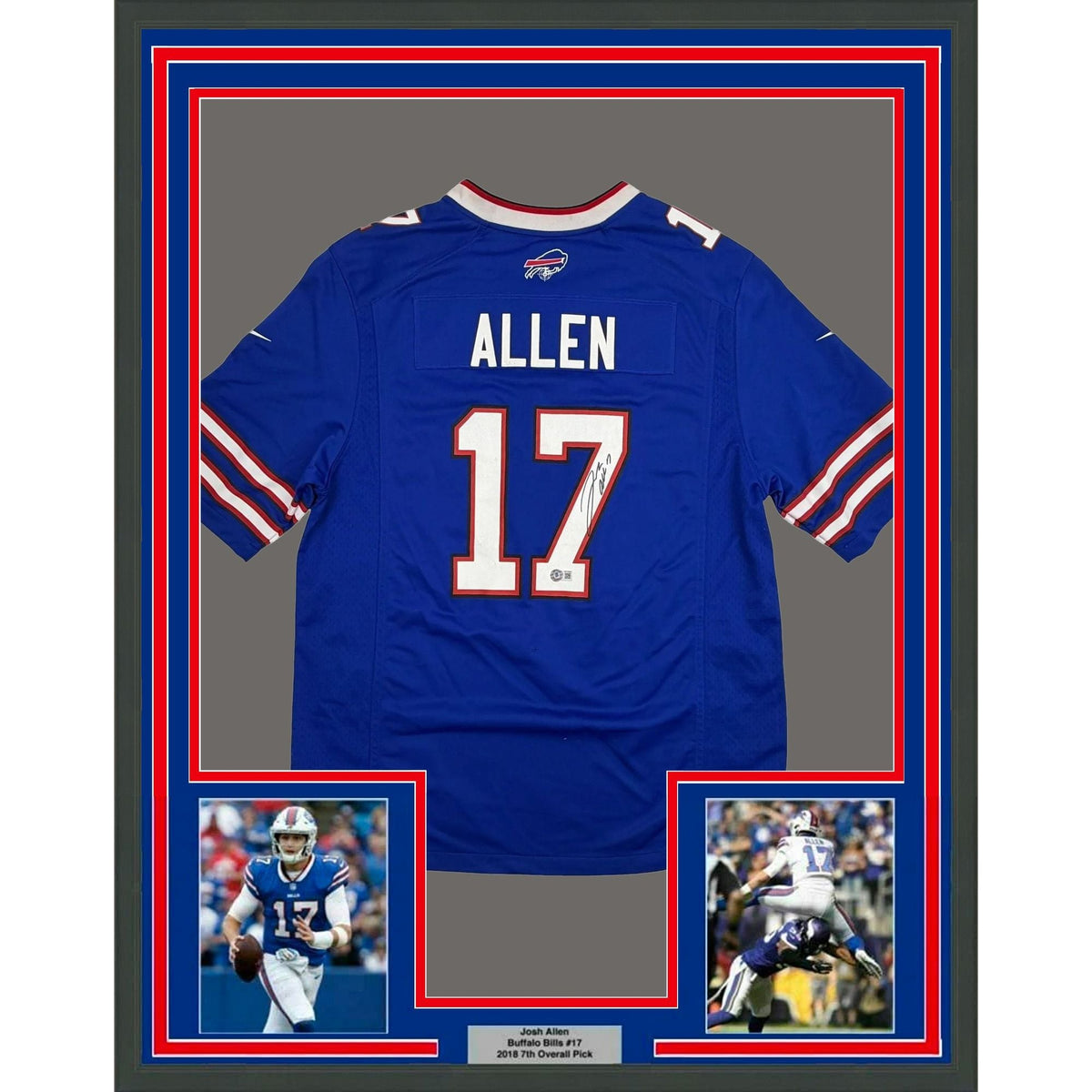 Framed Autographed/Signed Josh Allen 35x39 Buffalo Bills Blue Authentic Football Jersey Beckett BAS COA