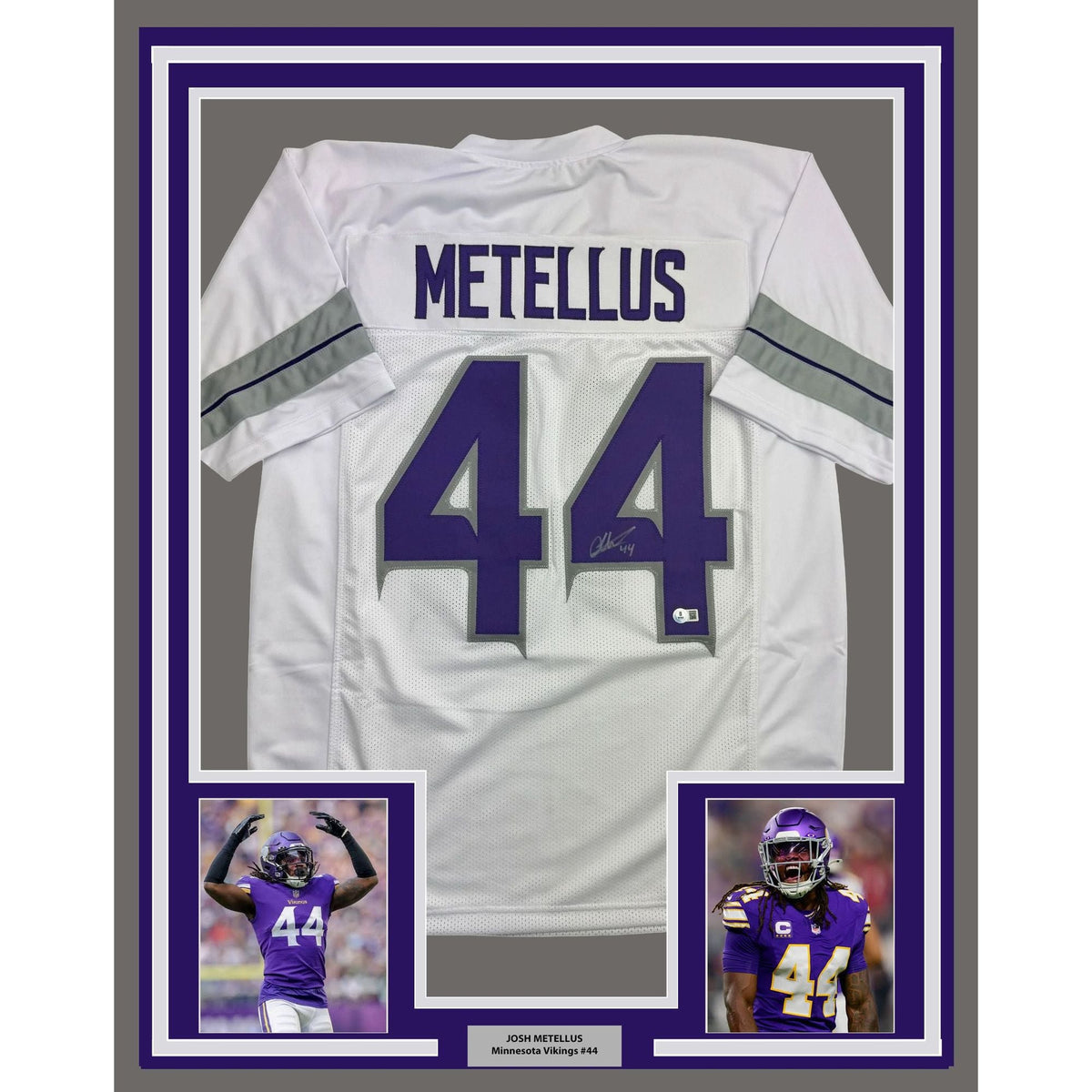 Framed Autographed/Signed Josh Metellus 35x39 Minnesota White Alternate Football Jersey Beckett BAS COA