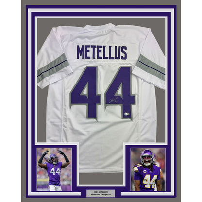 Framed Autographed/Signed Josh Metellus 35x39 Minnesota White Alternate Football Jersey Beckett BAS COA