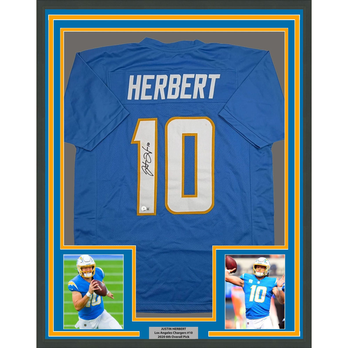 Framed Autographed/Signed Justin Herbert 35x39 Los Angeles San Diego Powder Blue Football Jersey Beckett BAS COA
