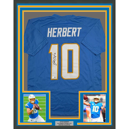 Framed Autographed/Signed Justin Herbert 35x39 Los Angeles San Diego Powder Blue Football Jersey Beckett BAS COA