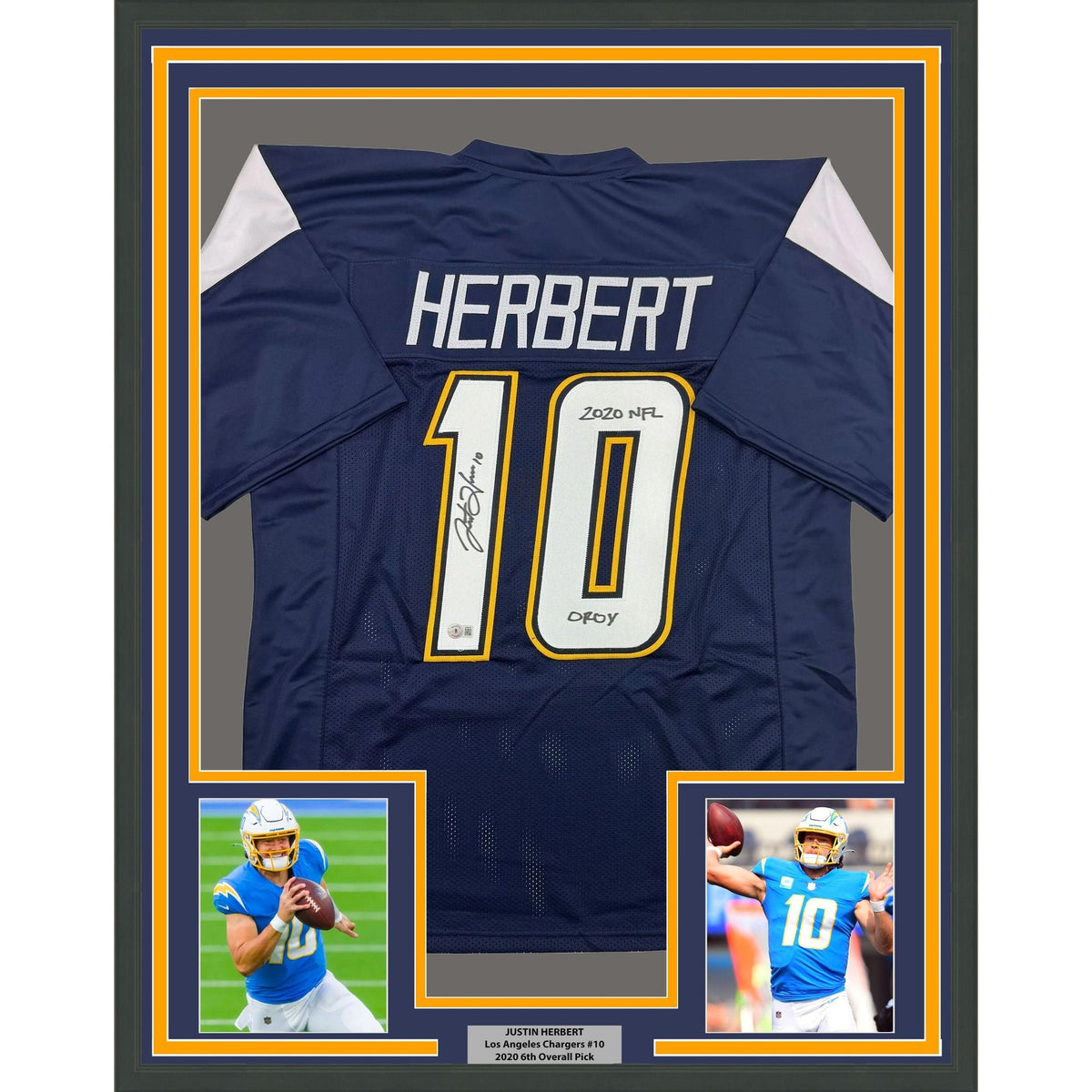 Framed Autographed/Signed Justin Herbert 2020 ROY 35x39 Los Angeles San Diego Navy Blue Football Jersey Beckett BAS COA