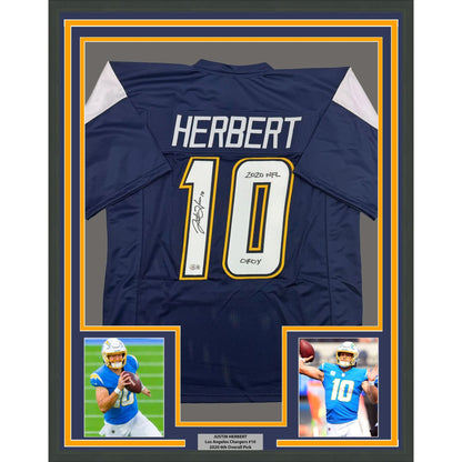 Framed Autographed/Signed Justin Herbert 2020 ROY 35x39 Los Angeles San Diego Navy Blue Football Jersey Beckett BAS COA